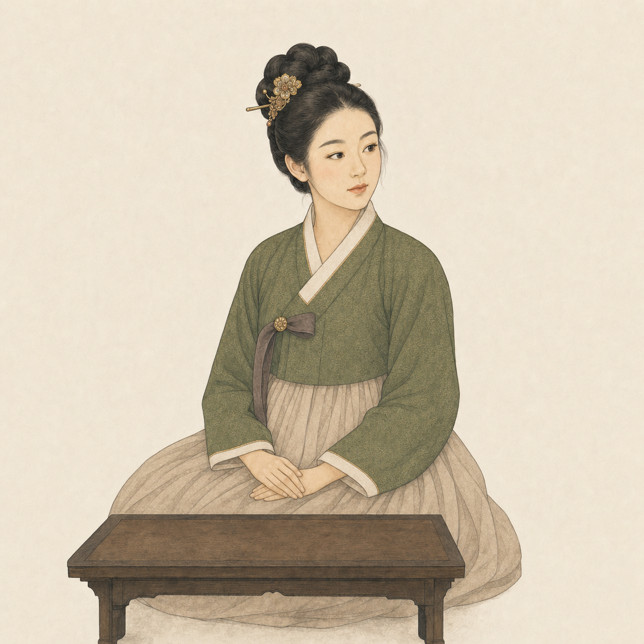 The practitioner seated calmly, gazing softly to one side
