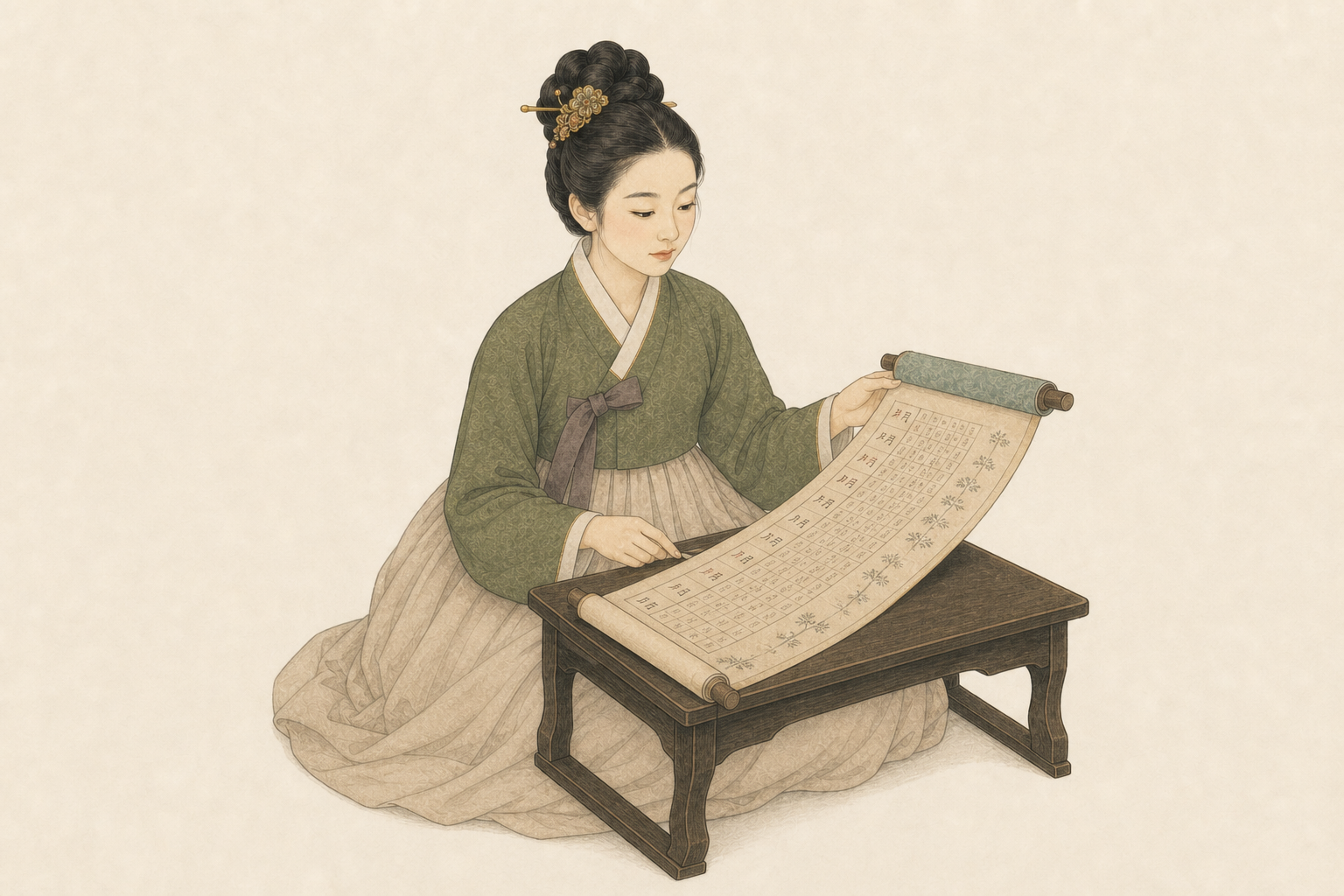 The Saju Voyage Practitioner reading an almanac scroll at her desk.