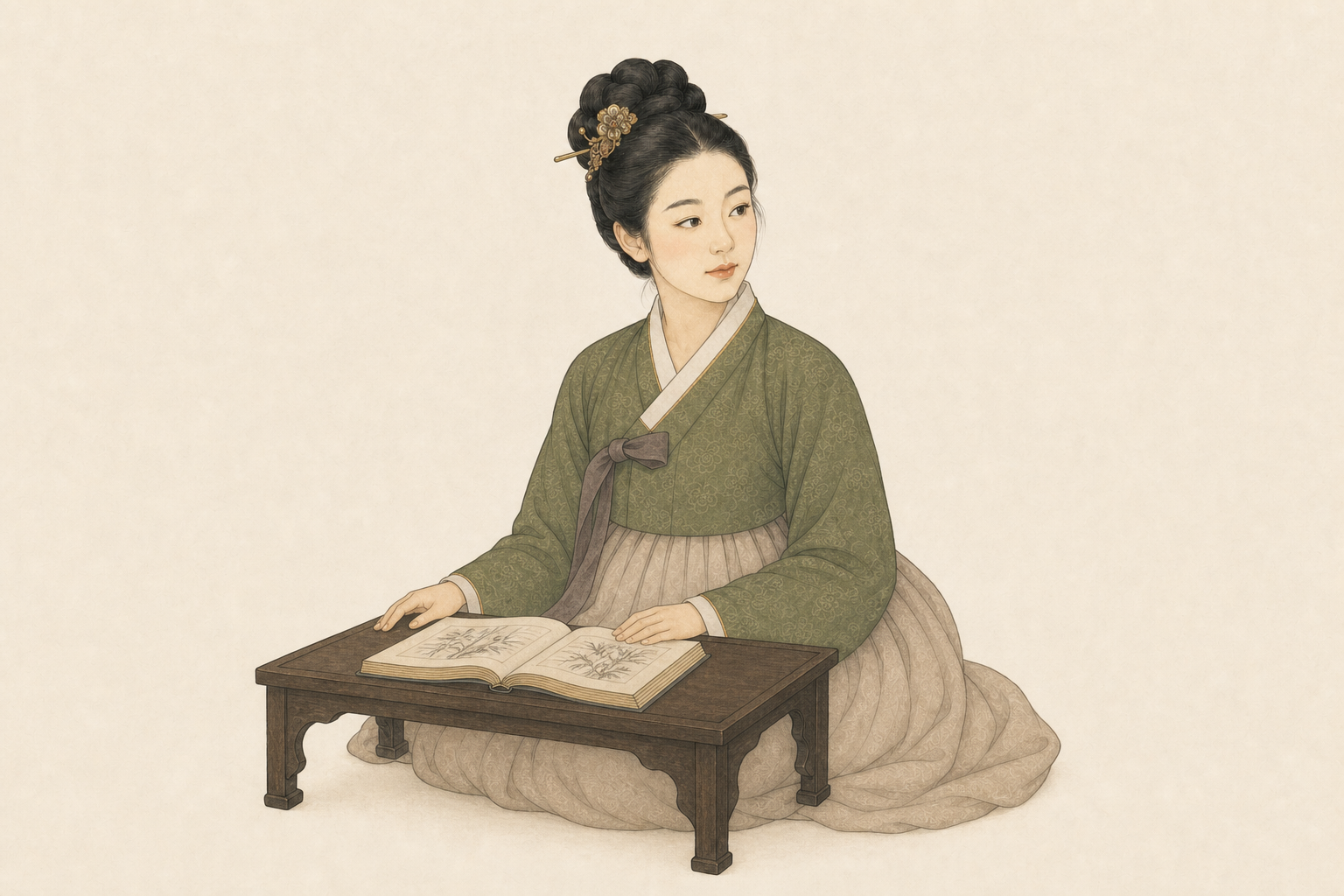 The Saju Voyage practitioner at her writing desk, looking up softly as if having just heard you speak.