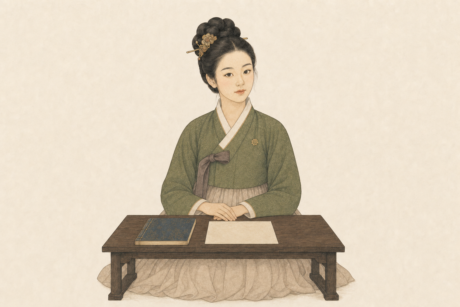 The Saju Voyage practitioner seated at her low desk with a closed reading and blank paper, awaiting the start.